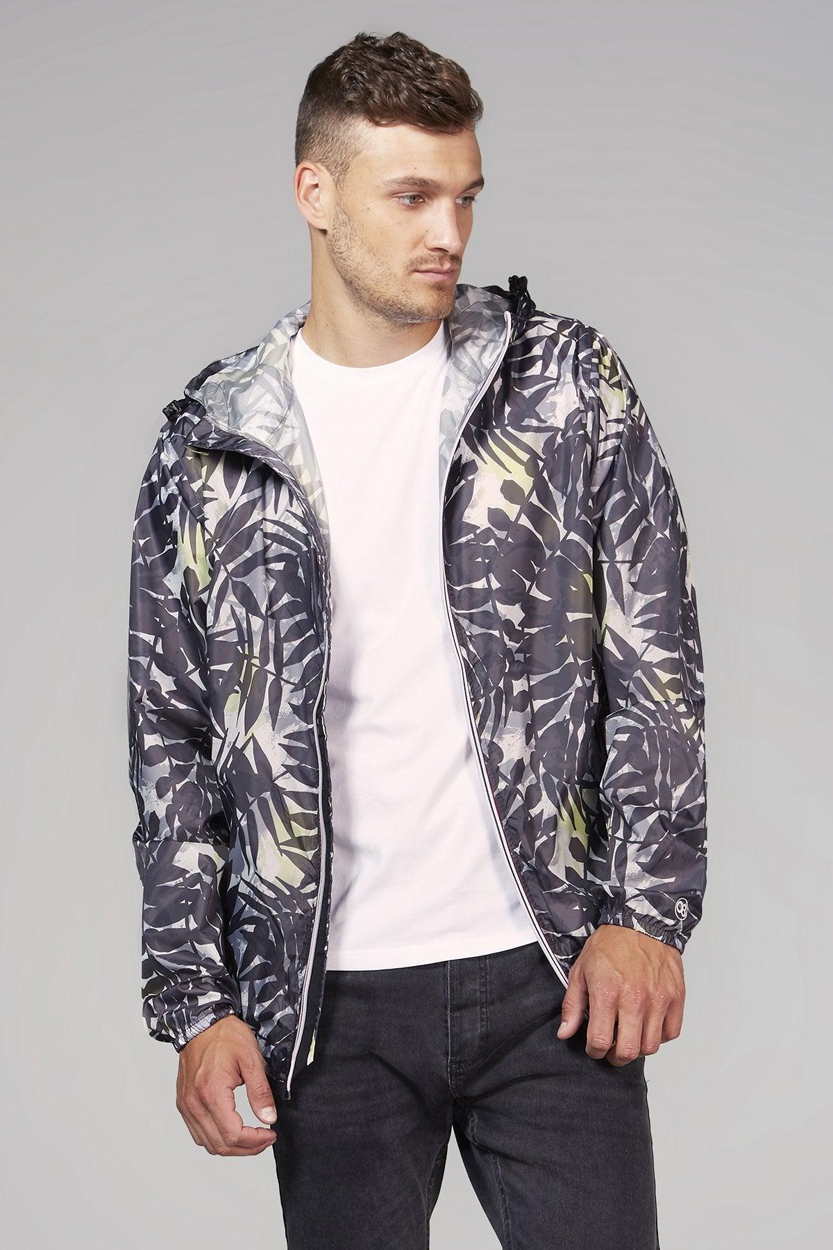 Palm print full zip packable rain jacket and windbreaker - VirtuousWares:Global