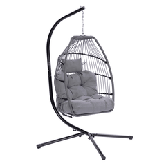 Patio Wicker Folding Hanging Chair With Cushion And Pillow - VirtuousWares:Global
