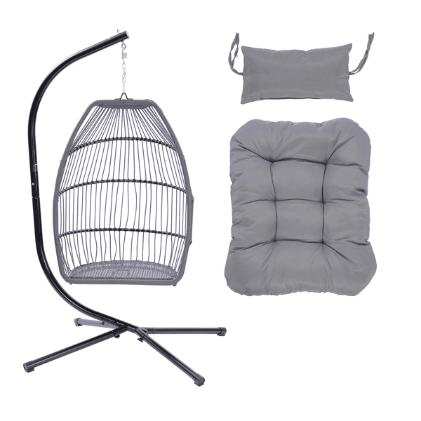 Patio Wicker Folding Hanging Chair With Cushion And Pillow - VirtuousWares:Global