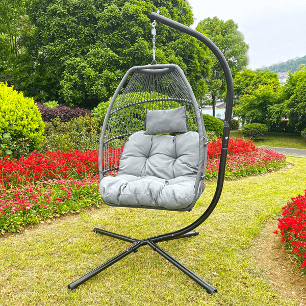 Patio Wicker Folding Hanging Chair With Cushion And Pillow - VirtuousWares:Global