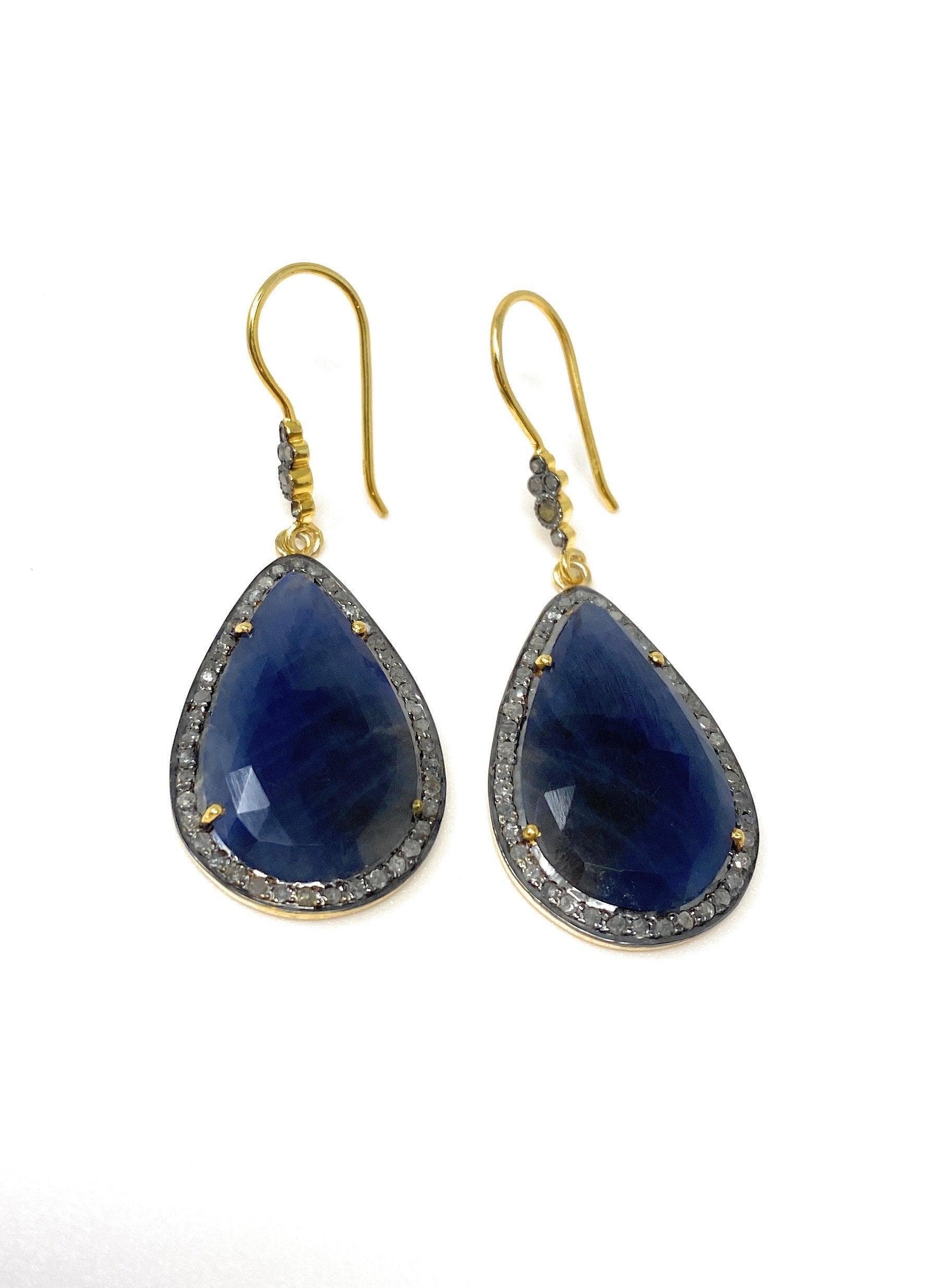 Pave Diamond Sapphire Earrings, Natural Blue Sapphire Gemstone - VirtuousWares:Global
