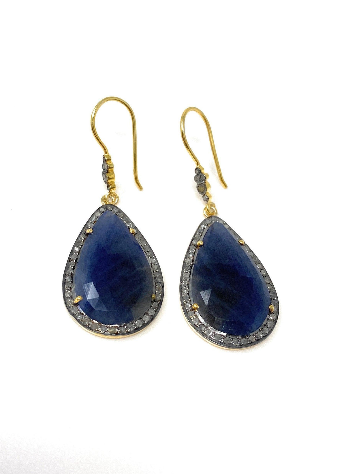 Pave Diamond Sapphire Earrings, Natural Blue Sapphire Gemstone - VirtuousWares:Global