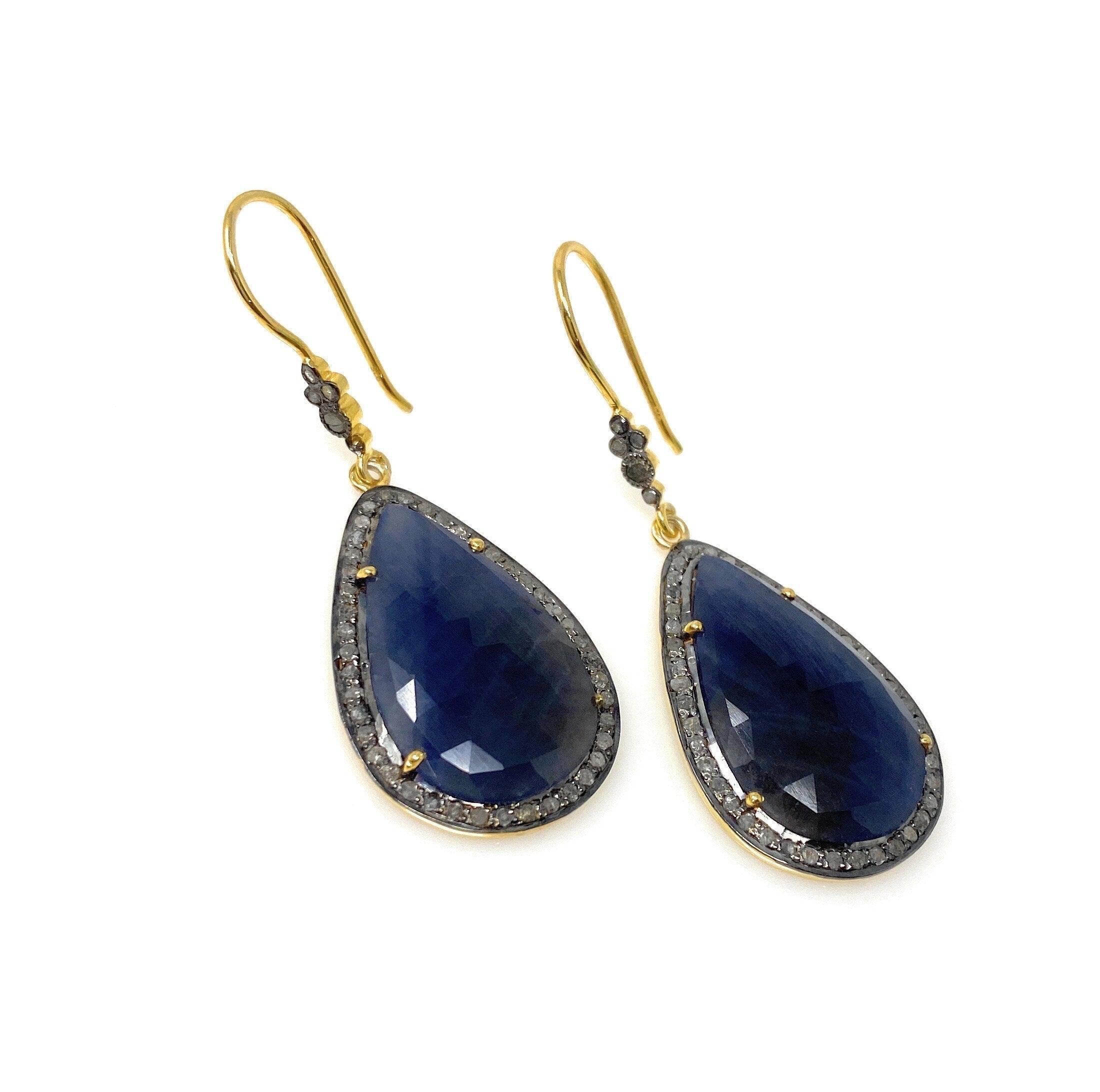 Pave Diamond Sapphire Earrings, Natural Blue Sapphire Gemstone - VirtuousWares:Global