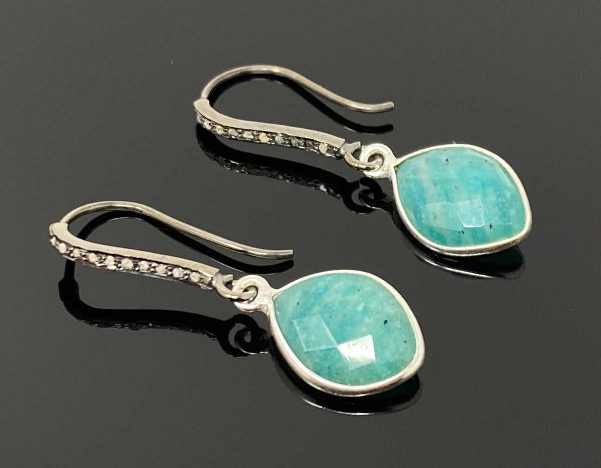 Peruvian Amazonite Earrings, Pave Diamond Earrings, Sterling Silver G - VirtuousWares:Global