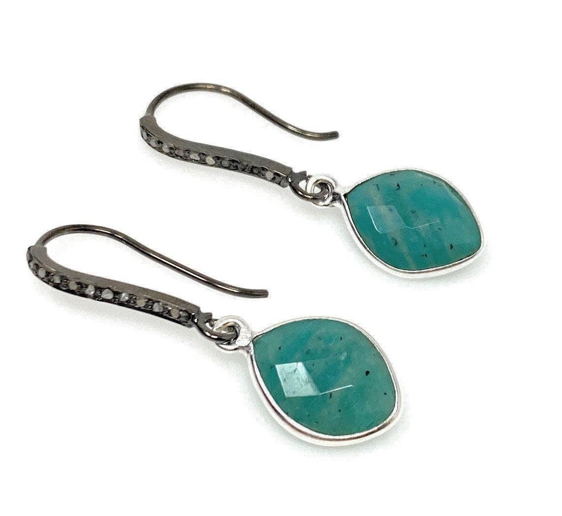 Peruvian Amazonite Earrings, Pave Diamond Earrings, Sterling Silver G - VirtuousWares:Global
