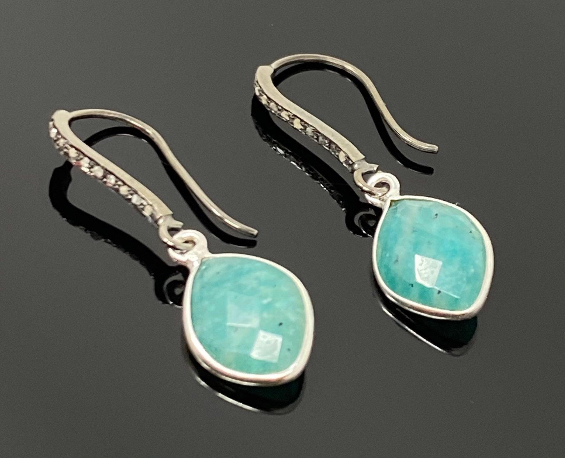 Peruvian Amazonite Earrings, Pave Diamond Earrings, Sterling Silver G - VirtuousWares:Global