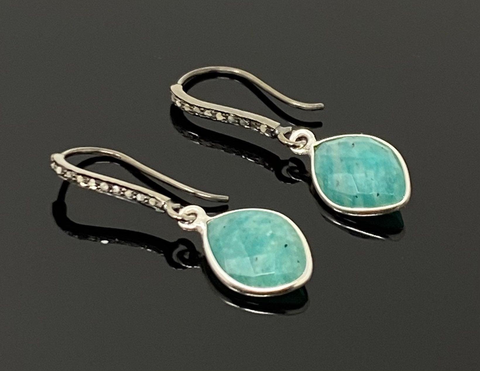 Peruvian Amazonite Earrings, Pave Diamond Earrings, Sterling Silver G - VirtuousWares:Global