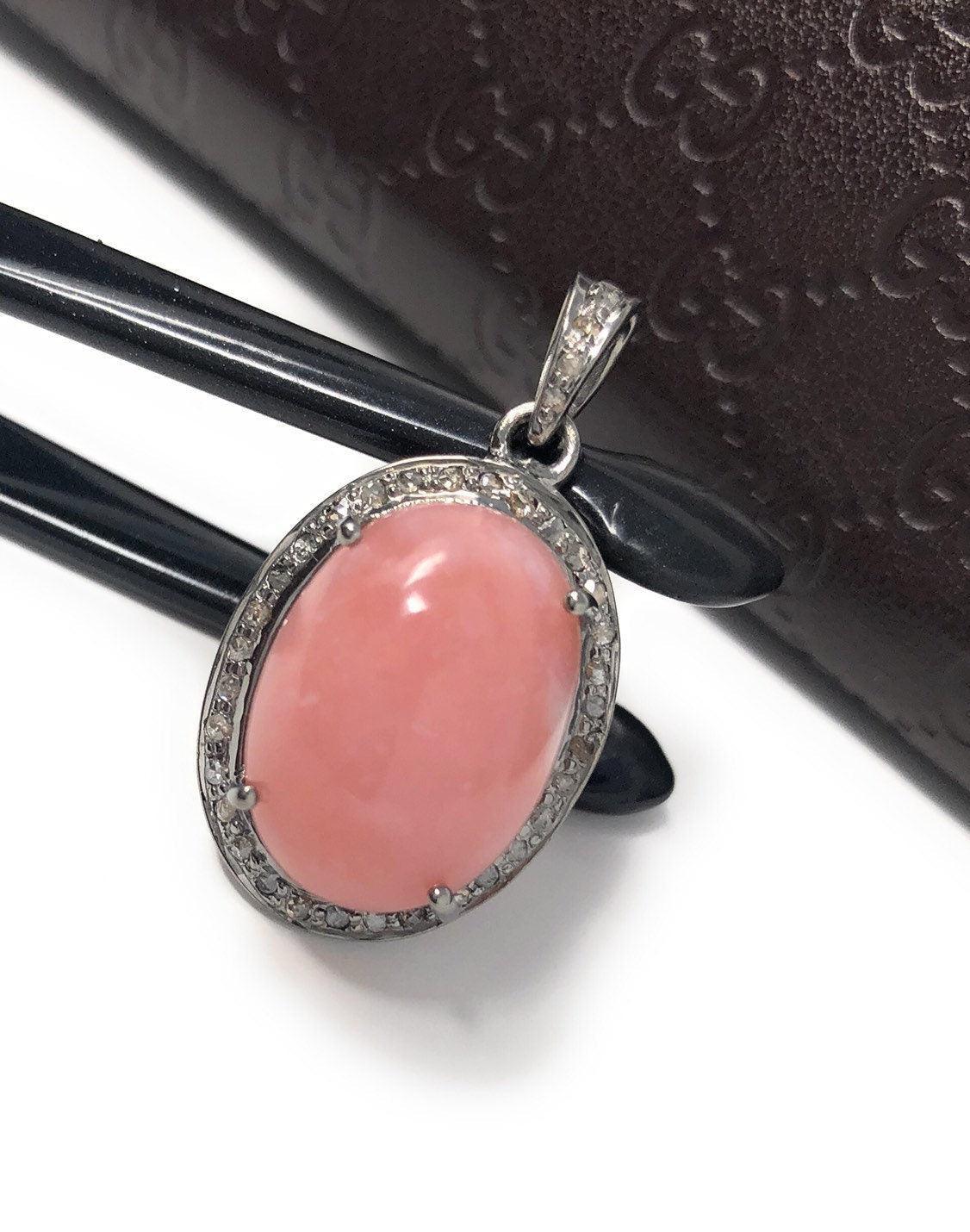 Pink Opal Pendant, Gemstone Pendant, Silver Pendant, Pink Opal Diamond - VirtuousWares:Global