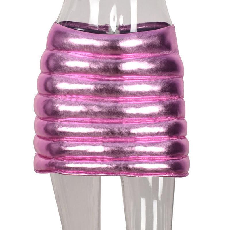 Pink Women's Puffer Skirt Metallic Shiny Warm Quilted Mini A-line - VirtuousWares:Global