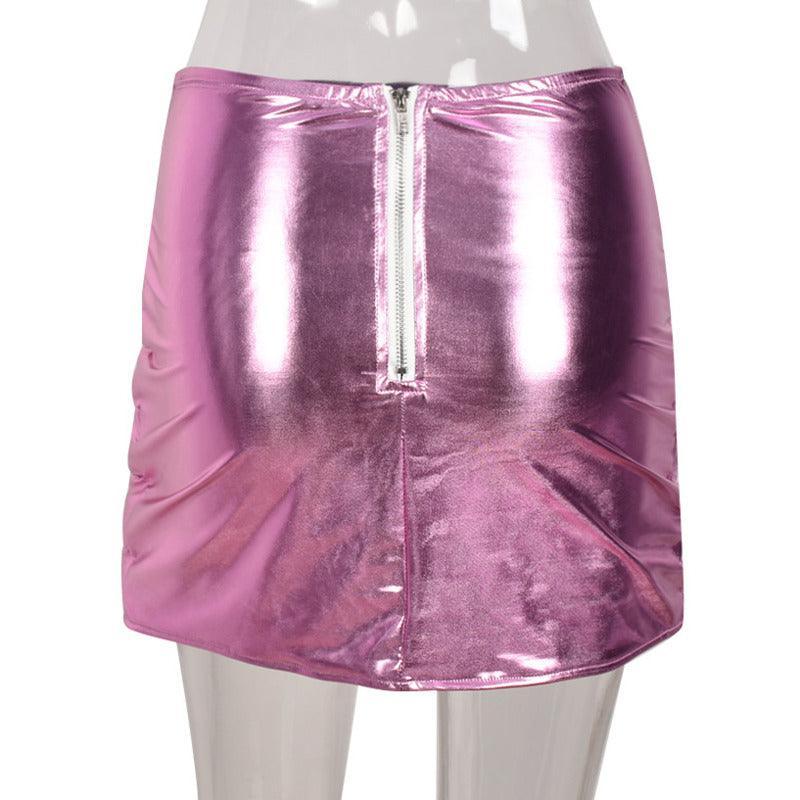 Pink Women's Puffer Skirt Metallic Shiny Warm Quilted Mini A-line - VirtuousWares:Global