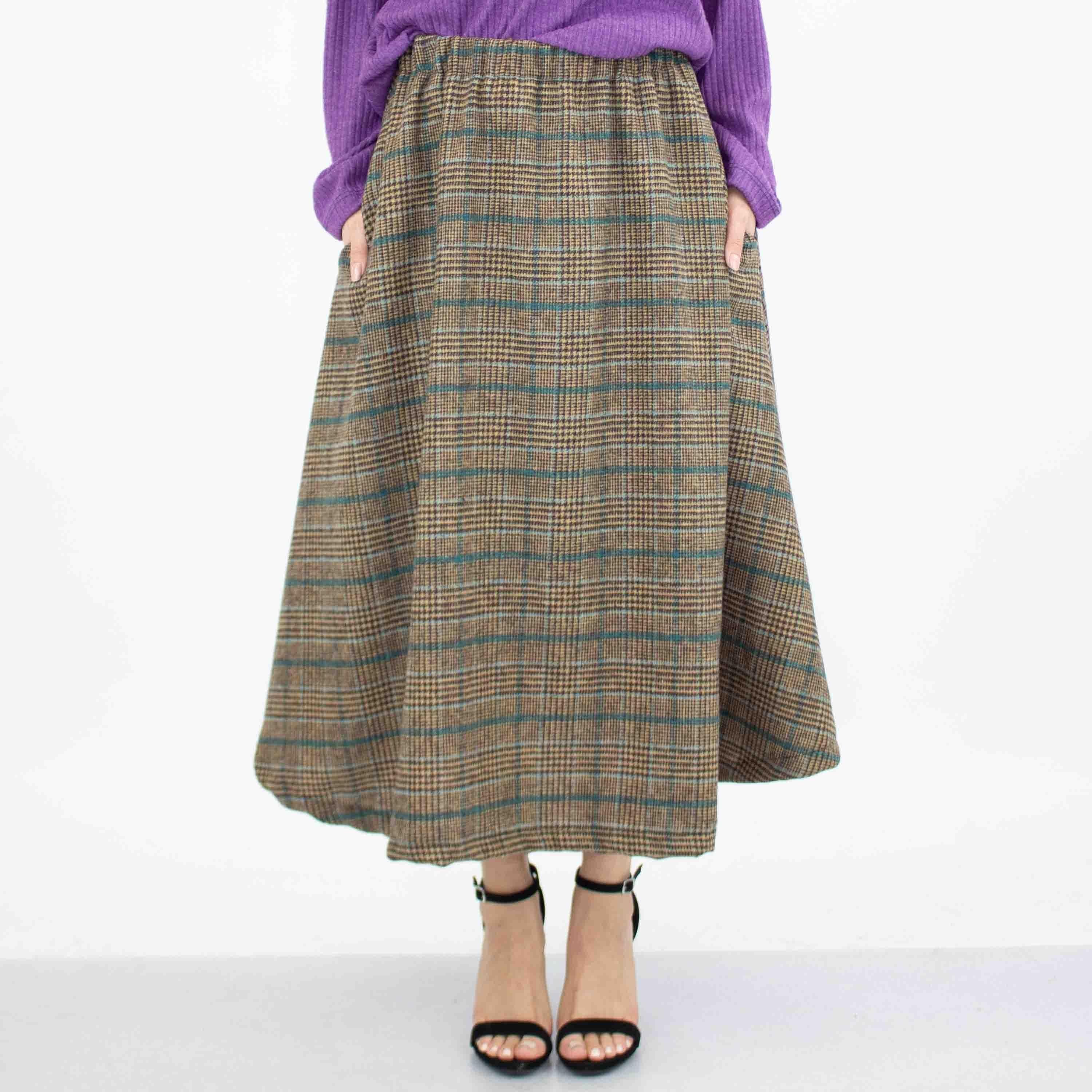 Plaid Flare Midi Skirt with Side Pockets - Blue - VirtuousWares:Global