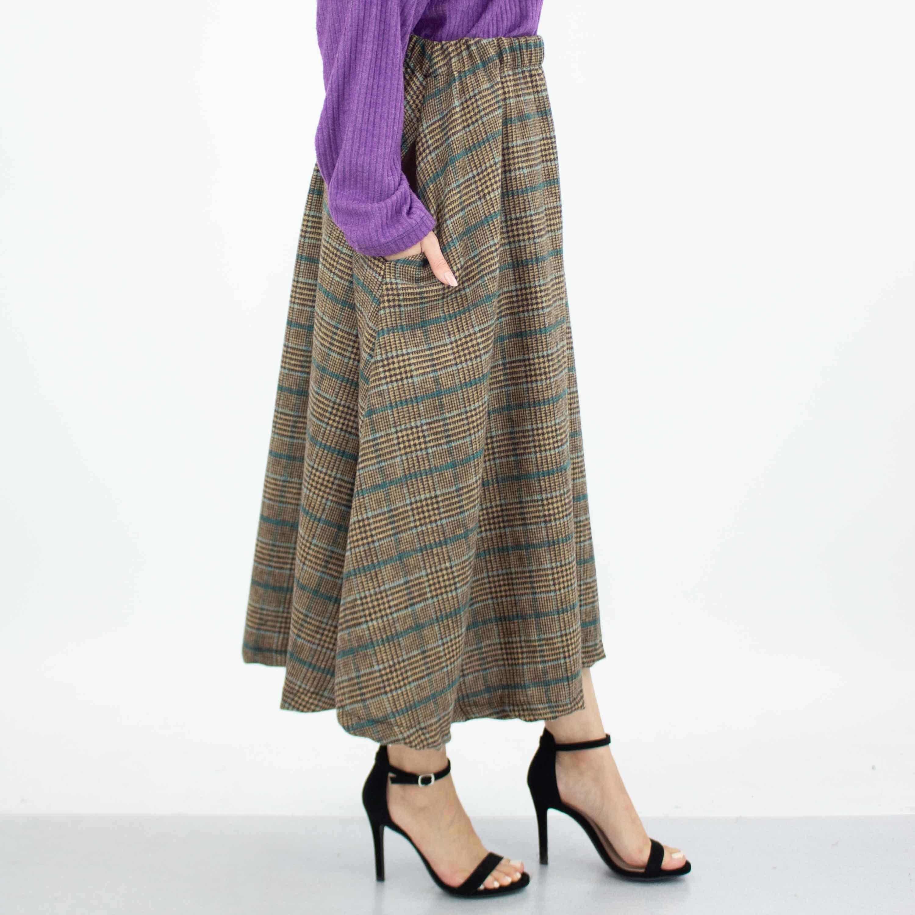 Plaid Flare Midi Skirt with Side Pockets - Blue - VirtuousWares:Global