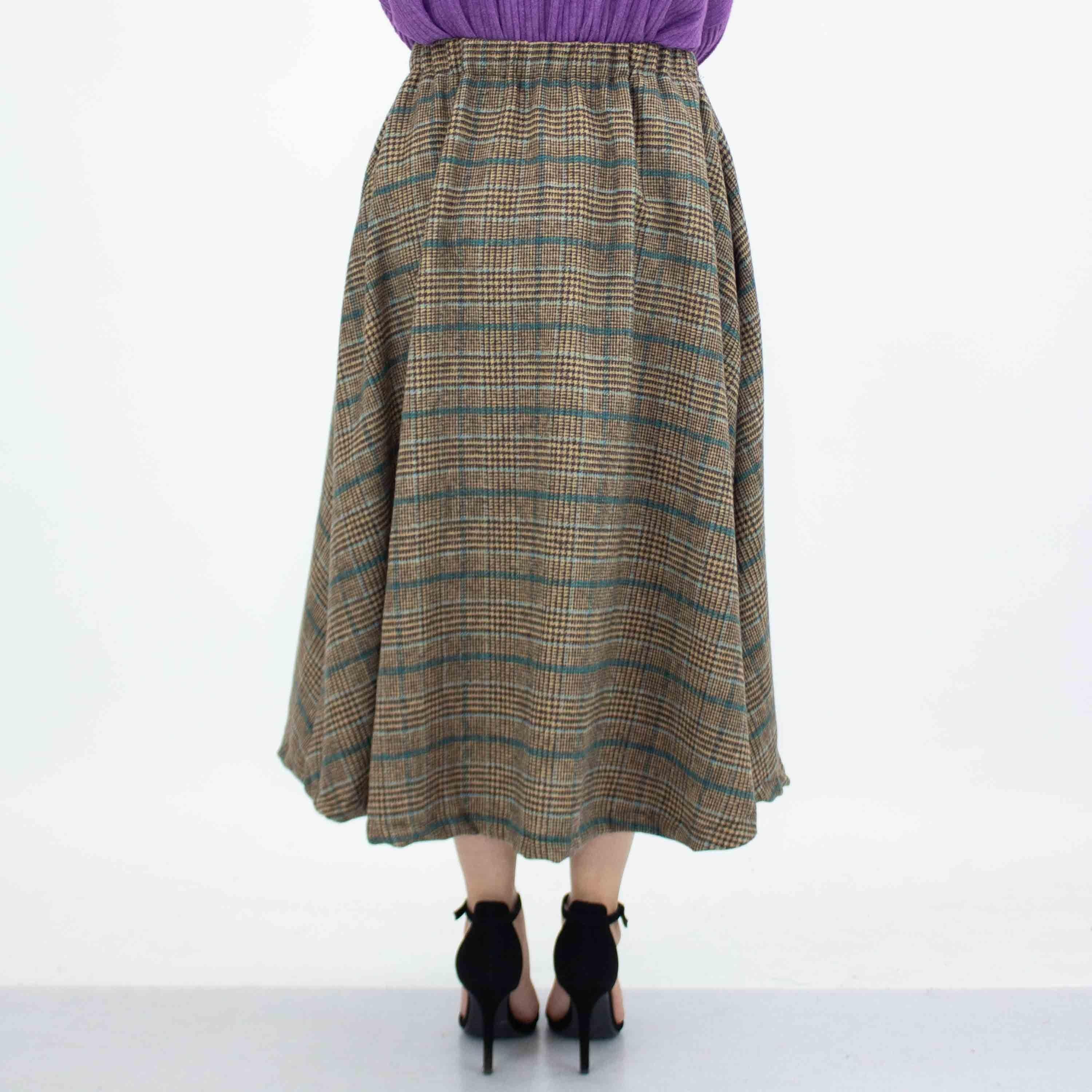 Plaid Flare Midi Skirt with Side Pockets - Blue - VirtuousWares:Global