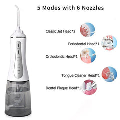 Portable Oral Irrigator 5 Modes Rechargeable Dental Water Jet 6 - VirtuousWares:Global