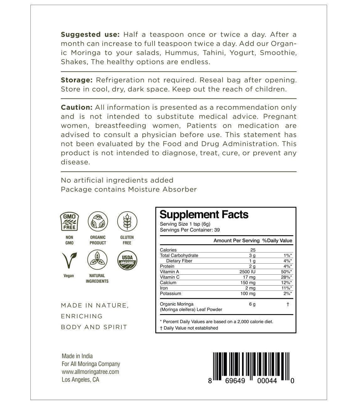 Premium 100% Organic Raw Moringa Oleifera Powder - VirtuousWares:Global
