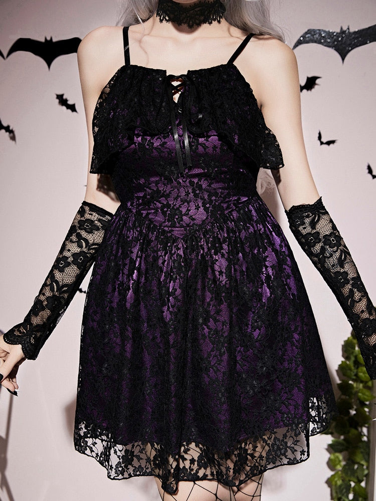 Purple Gothic Lace Up Back Cami Dress Halloween Costume Without Gloves - VirtuousWares:Global