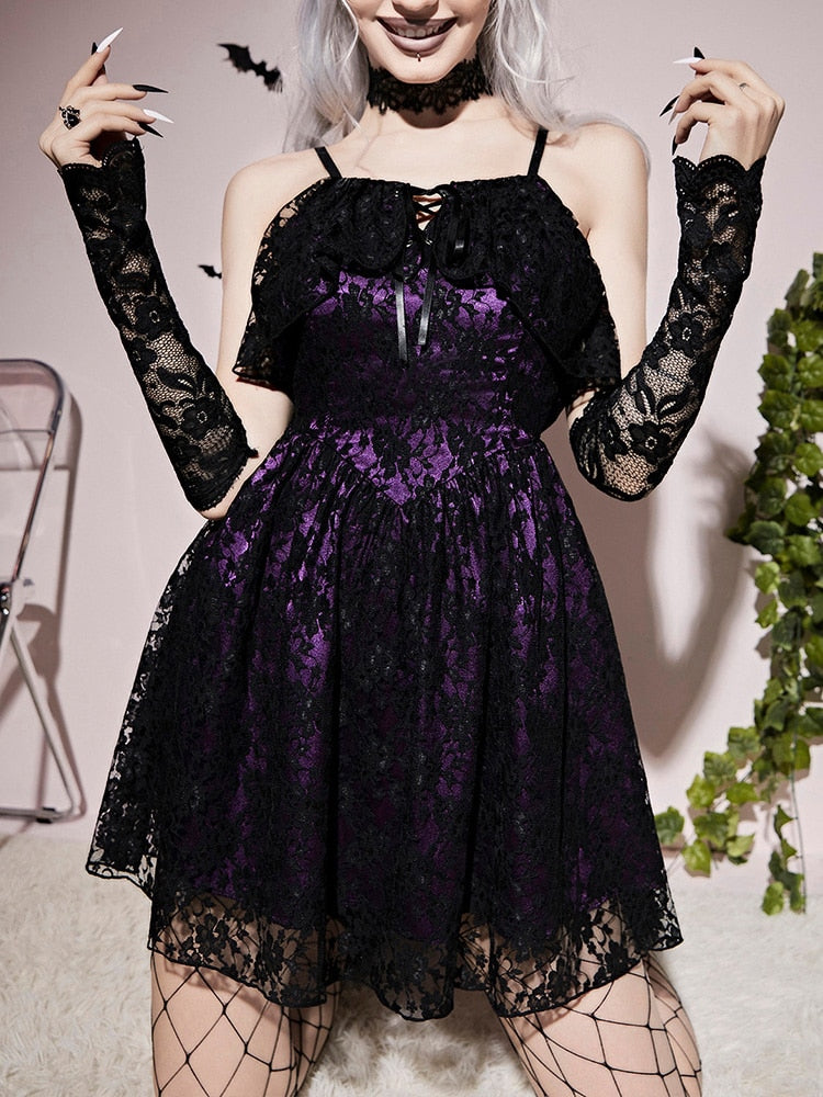 Purple Gothic Lace Up Back Cami Dress Halloween Costume Without Gloves - VirtuousWares:Global