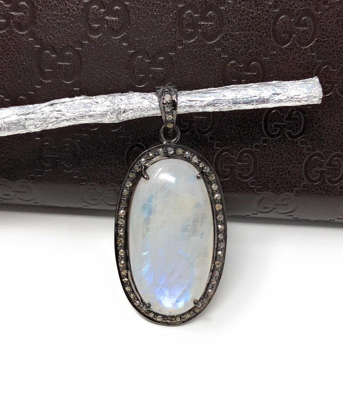 Rainbow Moonstone Gemstone Pendant, Diamond Pendant, Silver Pendant, - VirtuousWares:Global