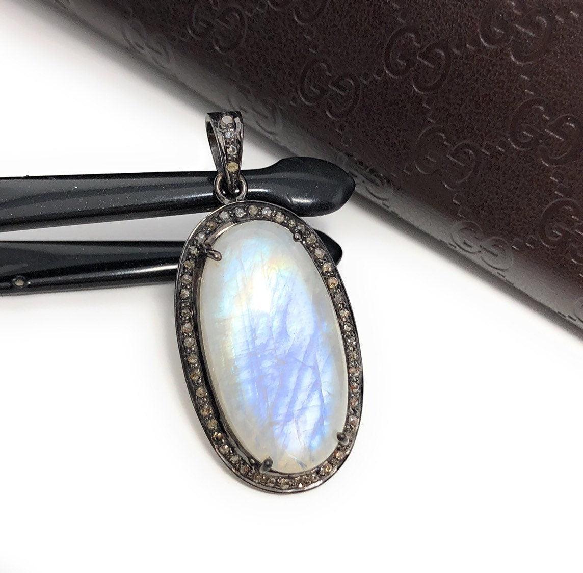 Rainbow Moonstone Gemstone Pendant, Diamond Pendant, Silver Pendant, - VirtuousWares:Global