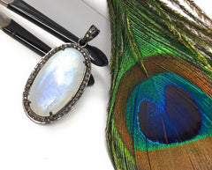 Rainbow Moonstone Gemstone Pendant, Diamond Pendant, Silver Pendant, - VirtuousWares:Global