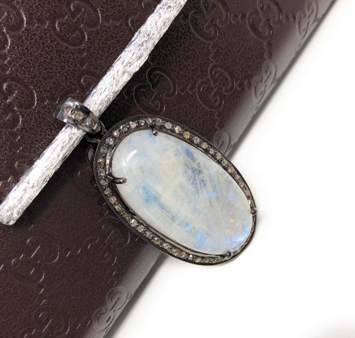 Rainbow Moonstone Gemstone Pendant, Diamond Pendant, Silver Pendant, - VirtuousWares:Global