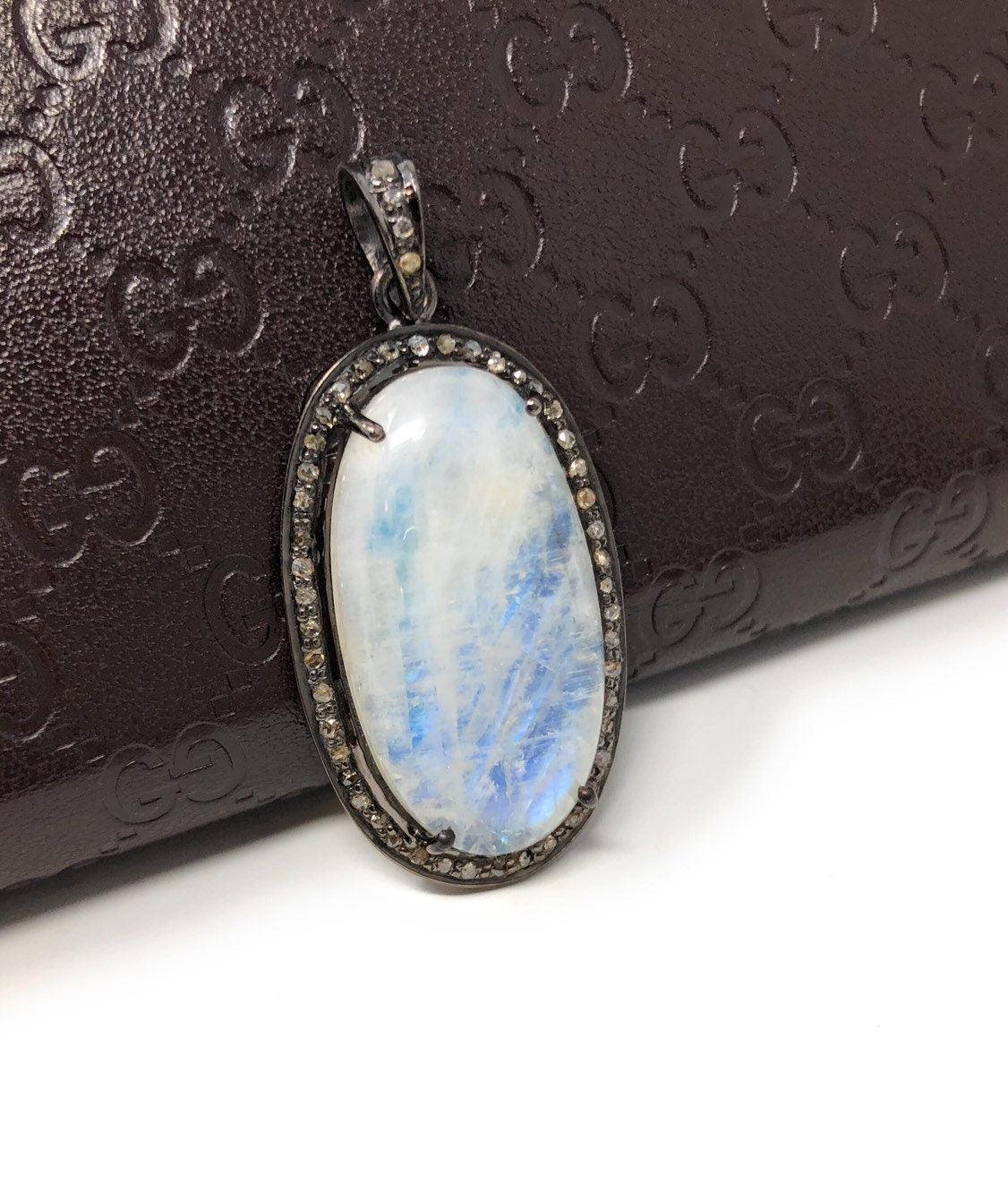 Rainbow Moonstone Gemstone Pendant, Diamond Pendant, Silver Pendant, - VirtuousWares:Global