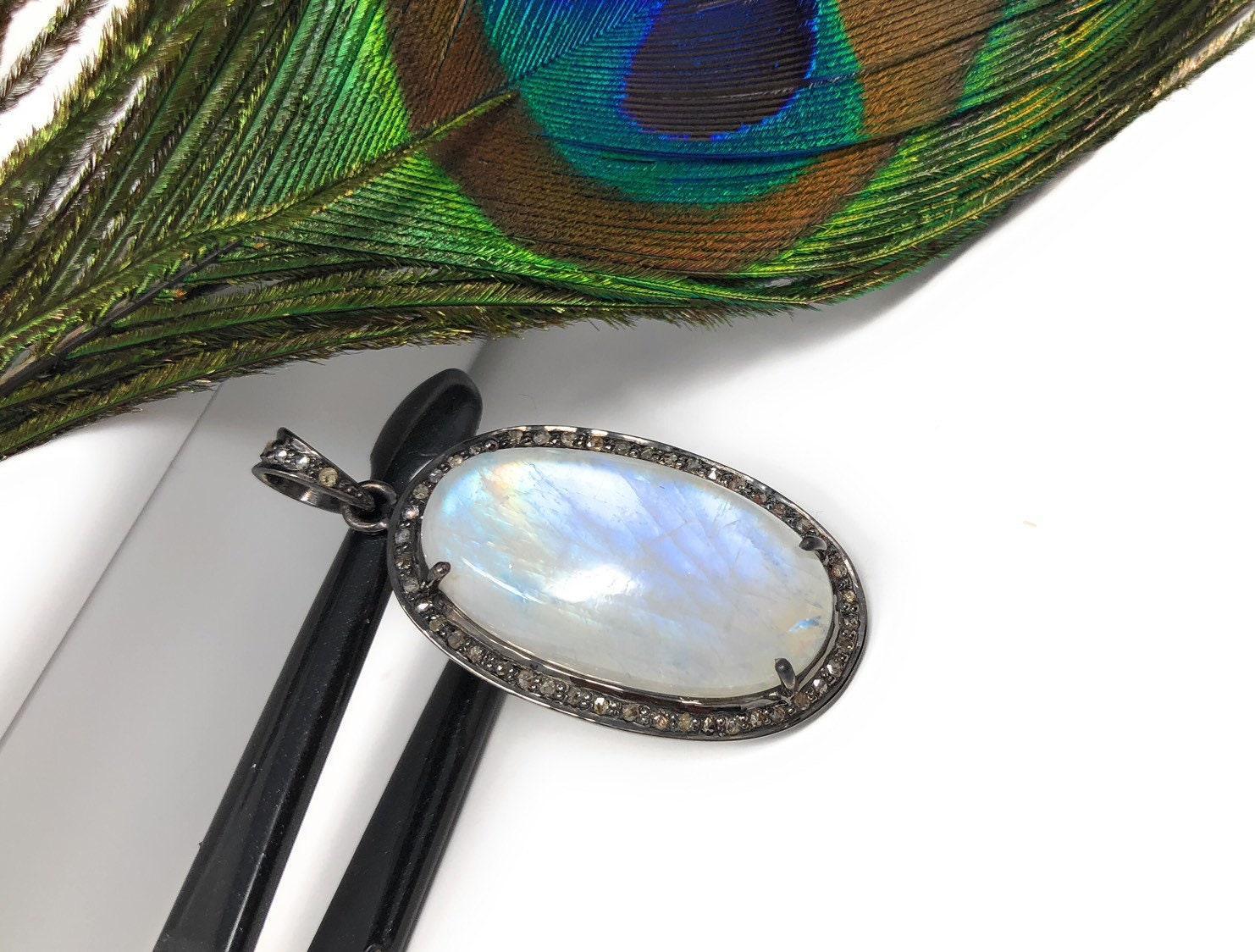 Rainbow Moonstone Gemstone Pendant, Diamond Pendant, Silver Pendant, - VirtuousWares:Global