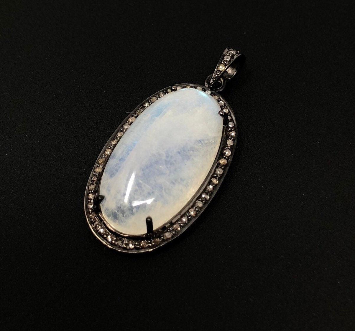 Rainbow Moonstone Gemstone Pendant, Diamond Pendant, Silver Pendant, - VirtuousWares:Global
