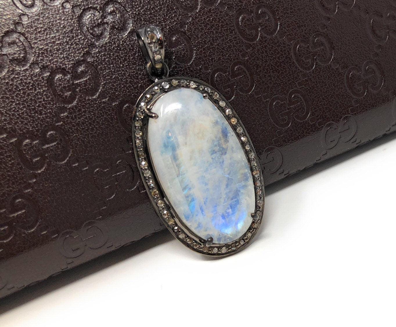 Rainbow Moonstone Gemstone Pendant, Diamond Pendant, Silver Pendant, - VirtuousWares:Global