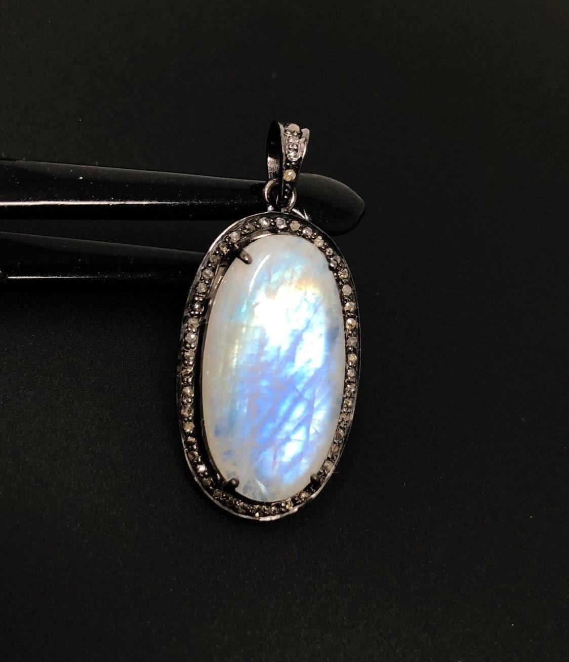 Rainbow Moonstone Gemstone Pendant, Diamond Pendant, Silver Pendant, - VirtuousWares:Global