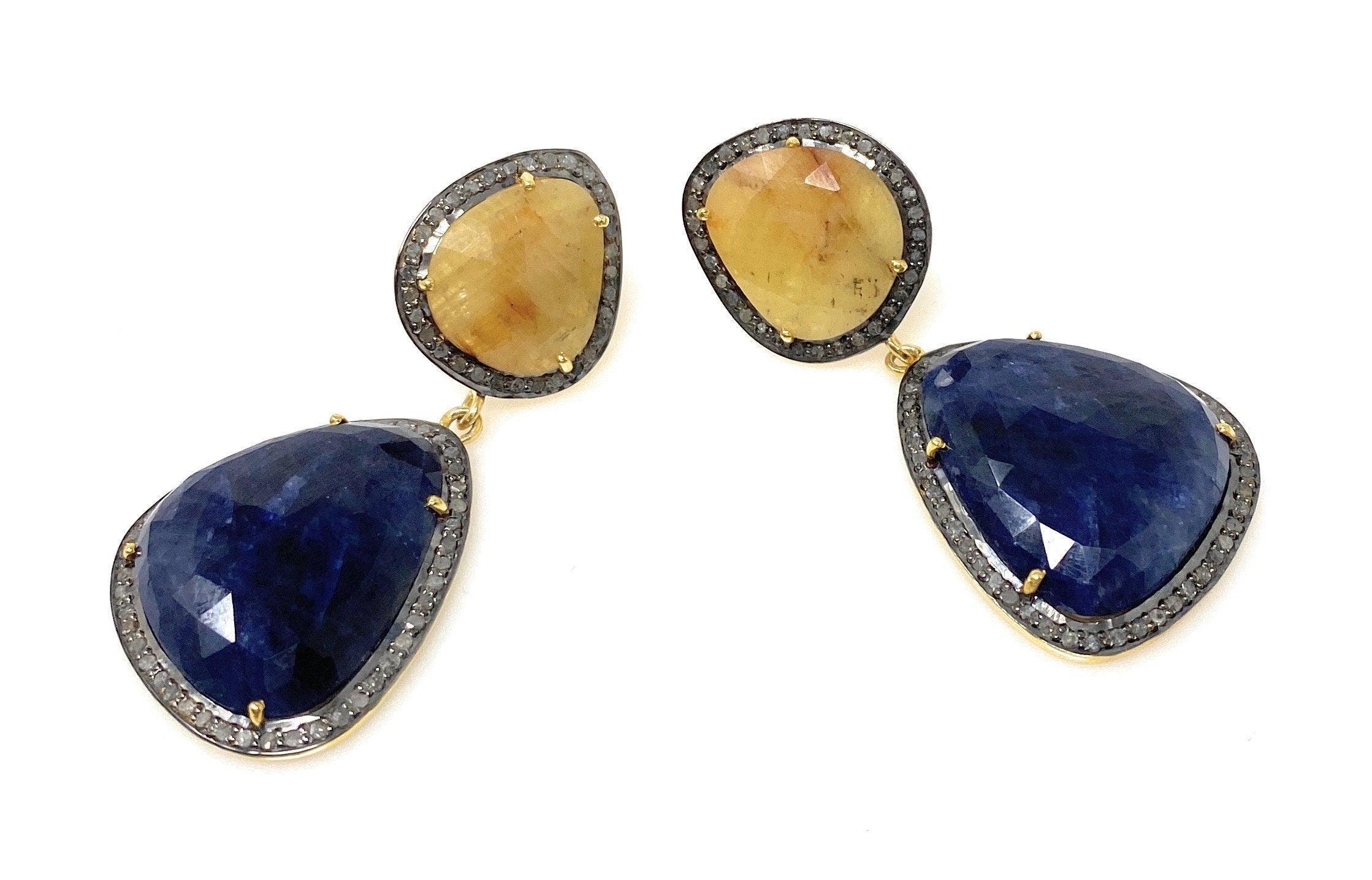 Rare Yellow and Blue Sapphire Pave Diamond Earrings, Sapphire - VirtuousWares:Global