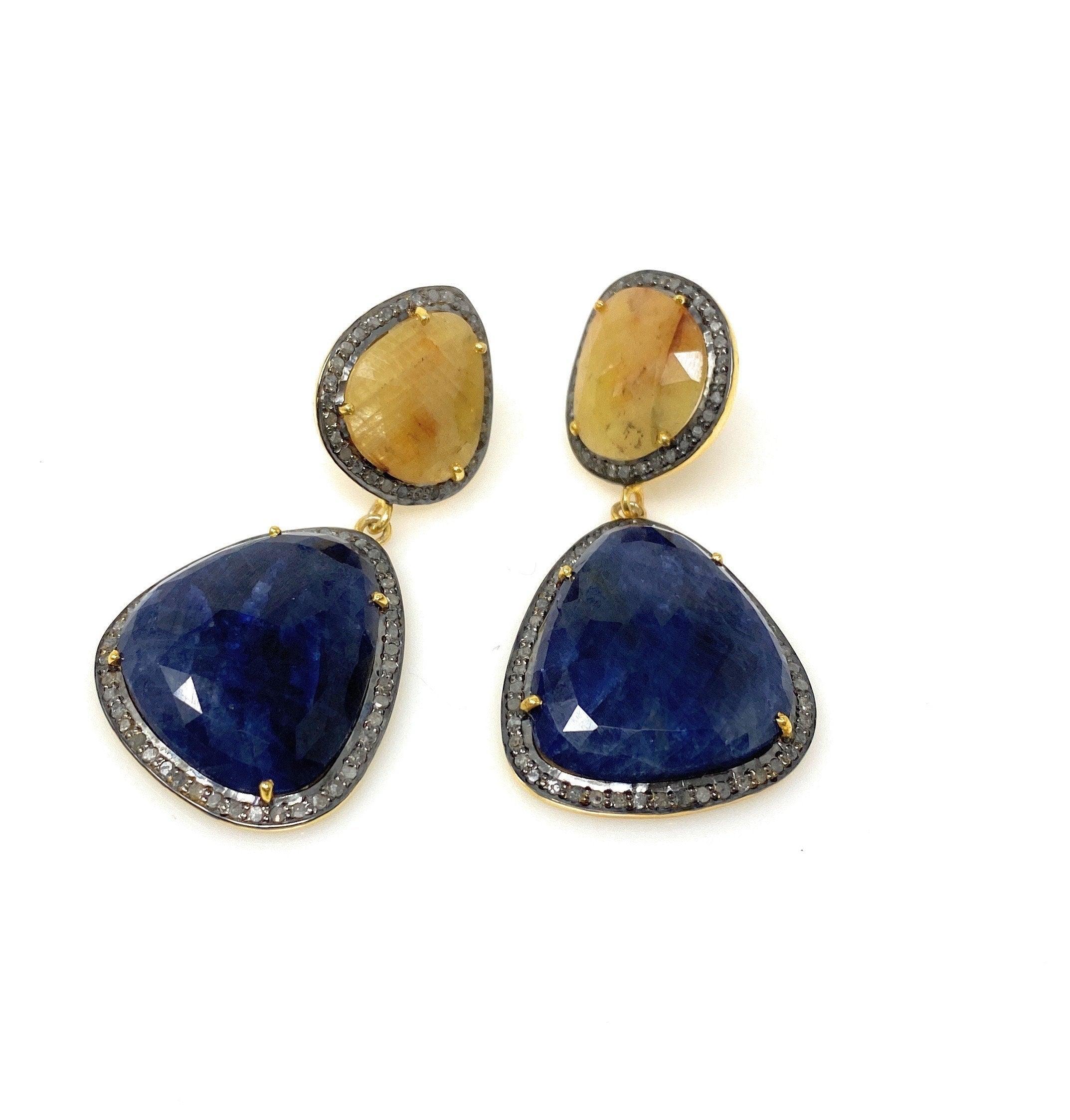 Rare Yellow and Blue Sapphire Pave Diamond Earrings, Sapphire - VirtuousWares:Global