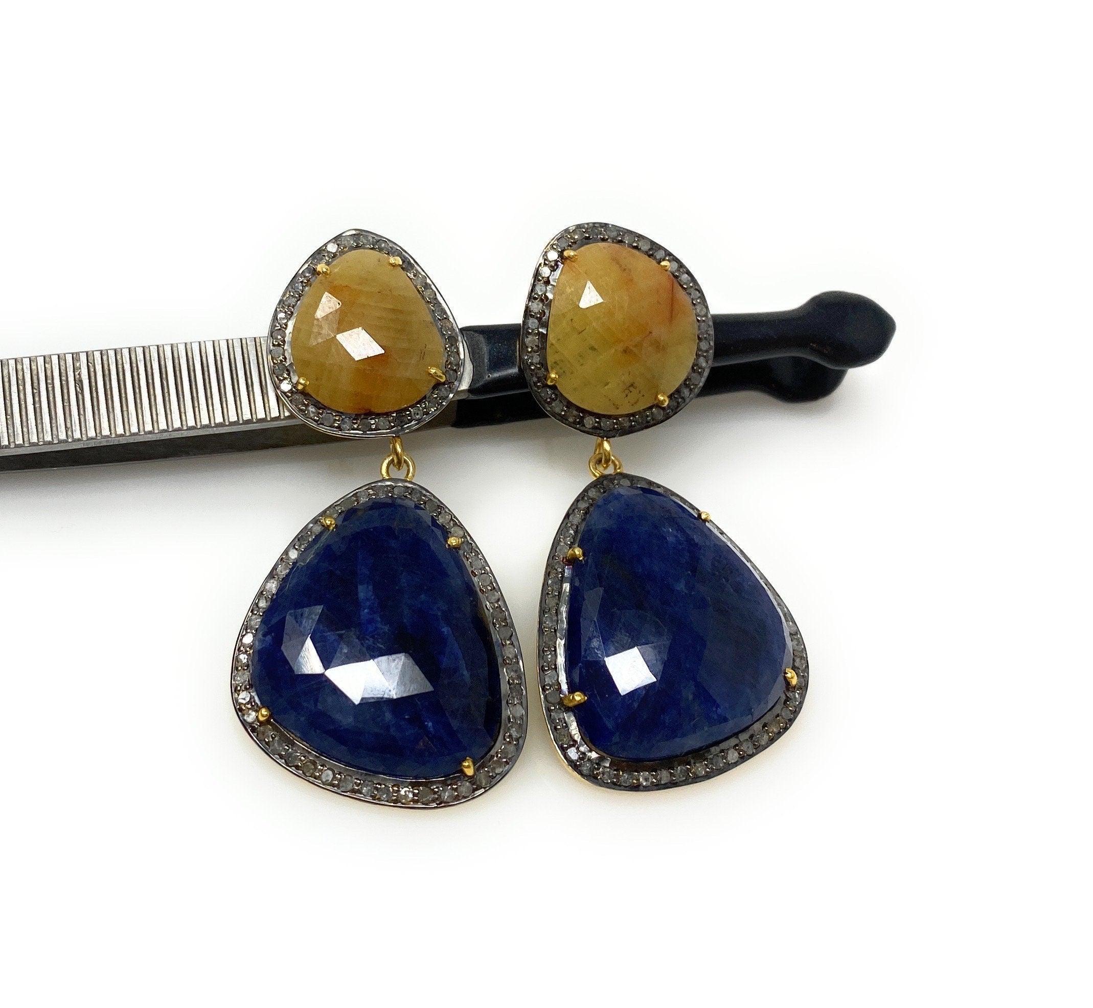 Rare Yellow and Blue Sapphire Pave Diamond Earrings, Sapphire - VirtuousWares:Global