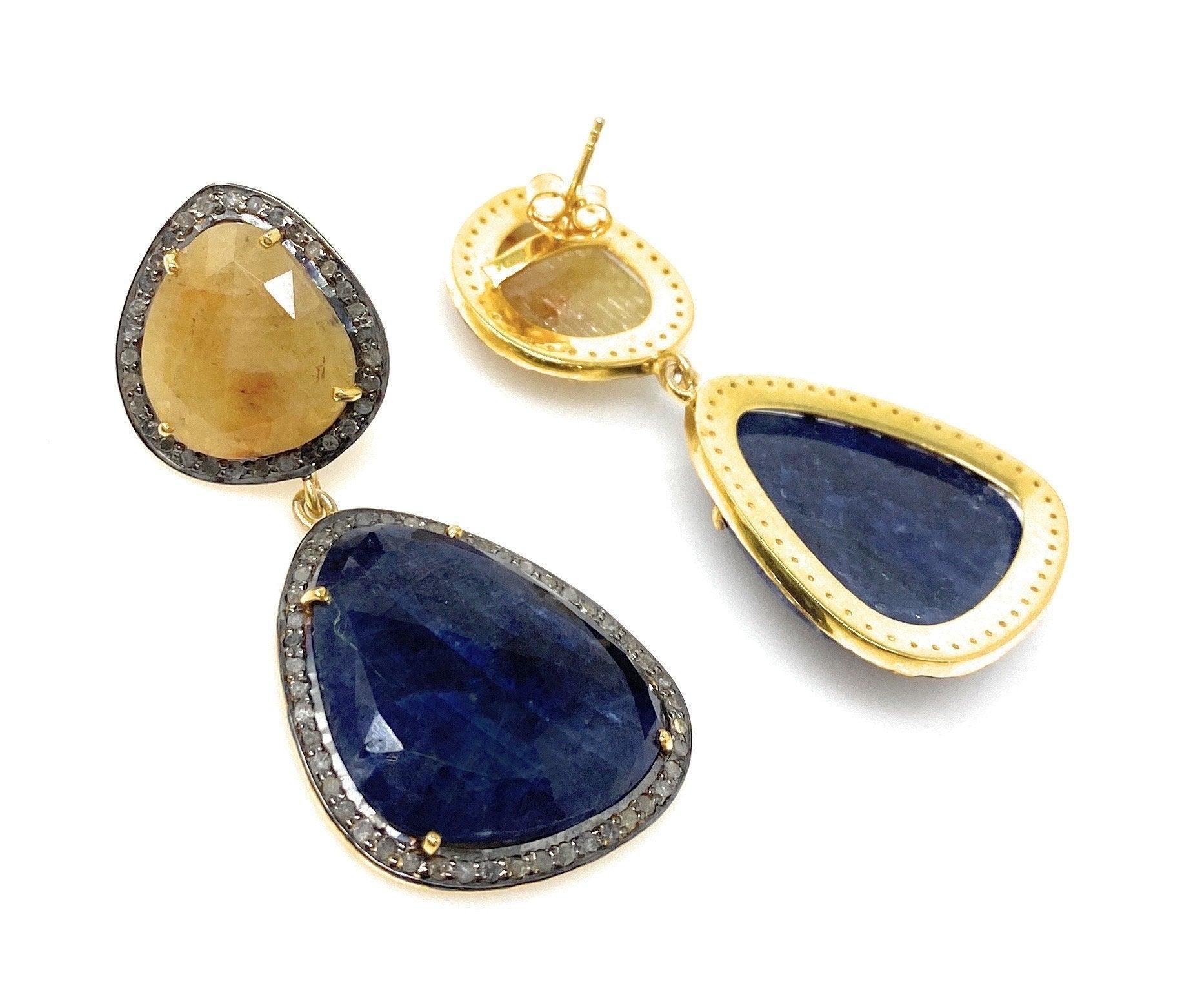 Rare Yellow and Blue Sapphire Pave Diamond Earrings, Sapphire - VirtuousWares:Global