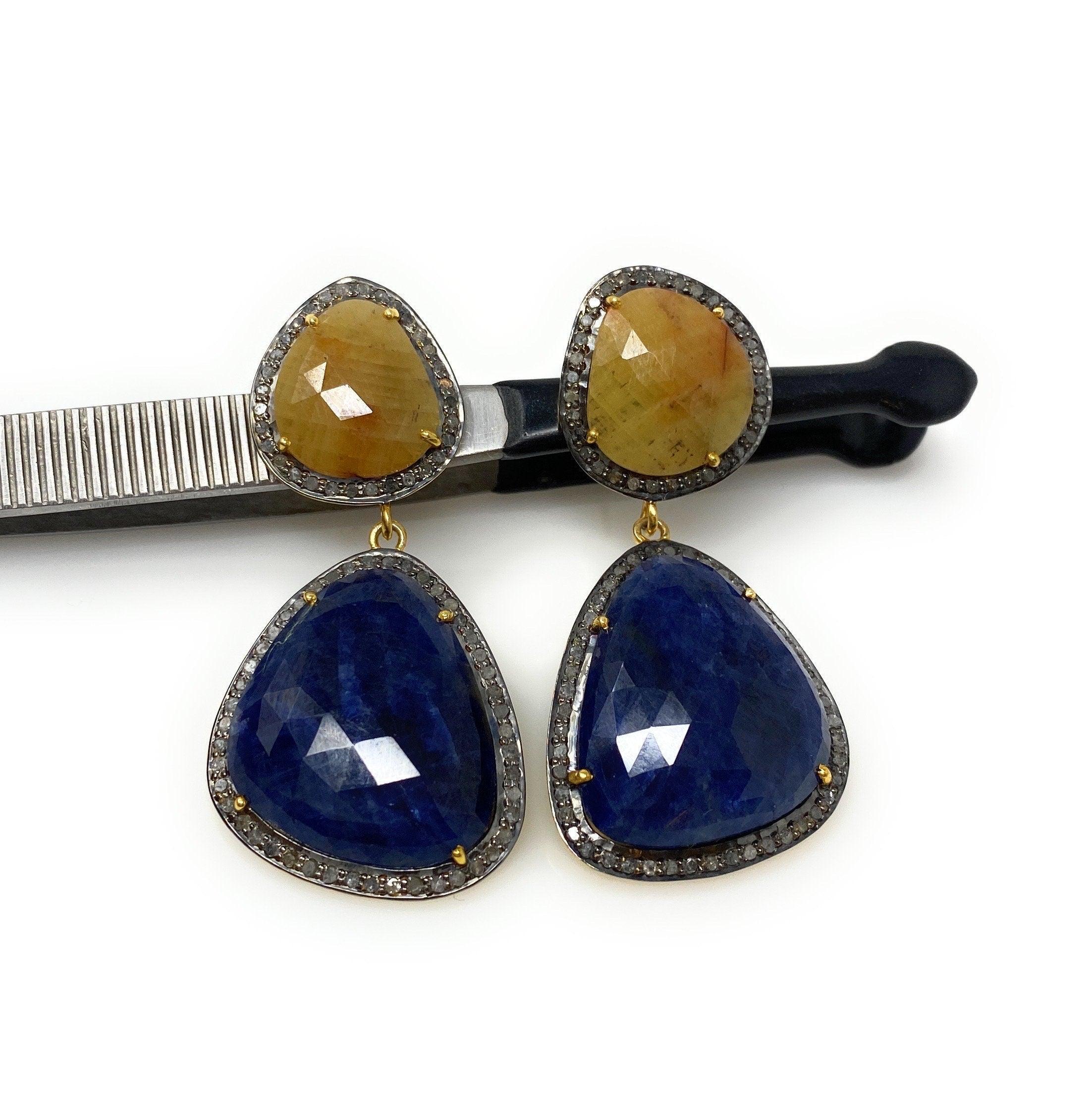 Rare Yellow and Blue Sapphire Pave Diamond Earrings, Sapphire - VirtuousWares:Global