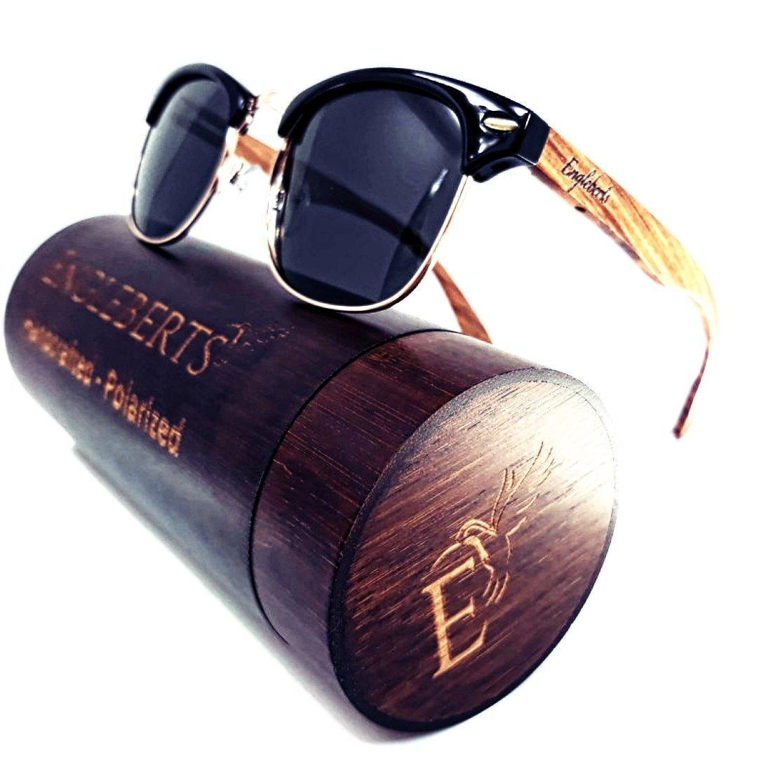 Real Walnut Wood Club Style Sunglasses With Bamboo Case, Polarized - VirtuousWares:Global
