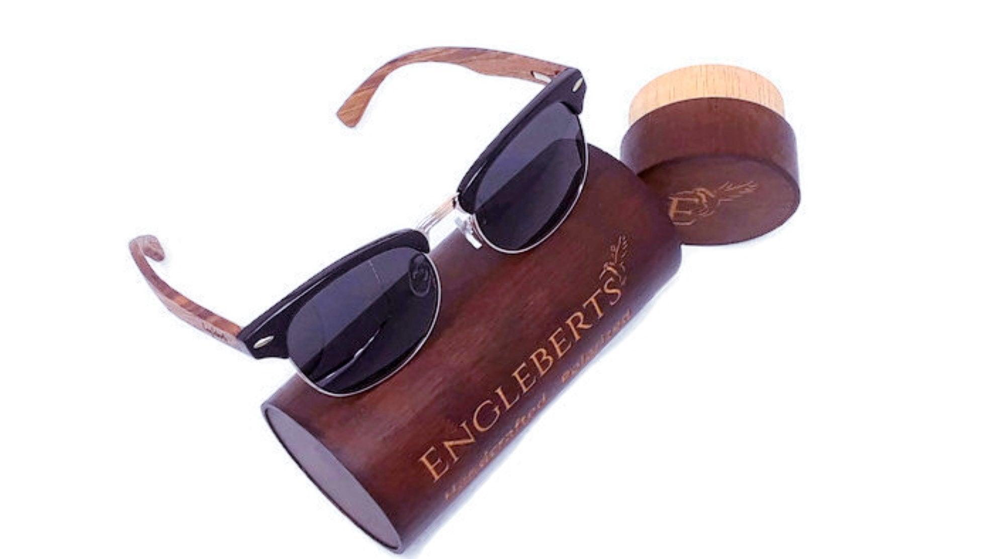 Real Walnut Wood Club Style Sunglasses With Bamboo Case, Polarized - VirtuousWares:Global
