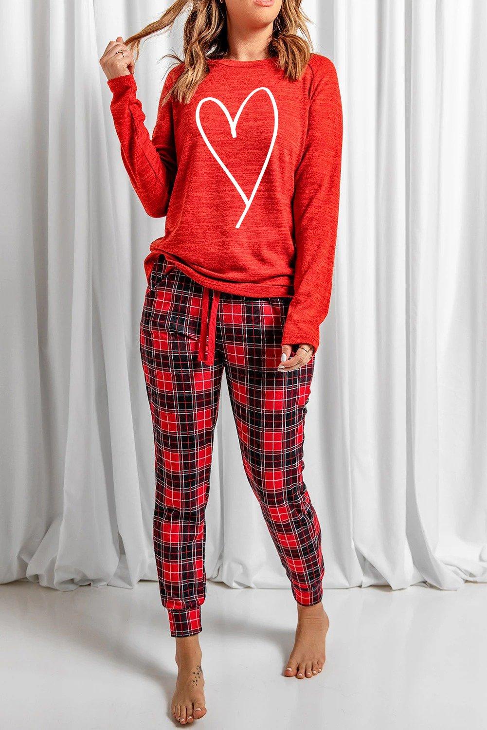 Red Heart Print Plaid Lounge Set - VirtuousWares:Global