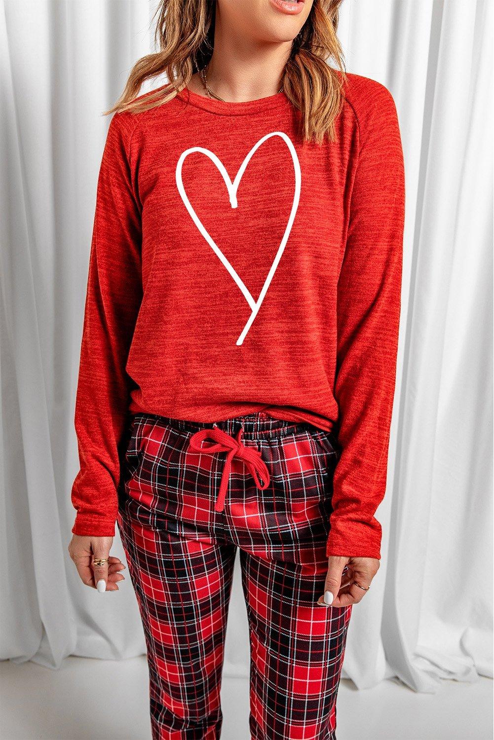 Red Heart Print Plaid Lounge Set - VirtuousWares:Global