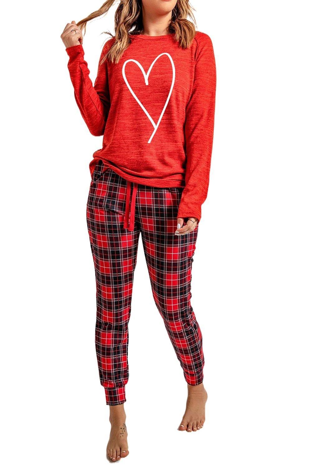 Red Heart Print Plaid Lounge Set - VirtuousWares:Global