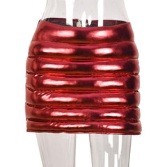 Red Women's Puffer Skirts Metallic Shiny Warm Quilted Mini Skirt - VirtuousWares:Global