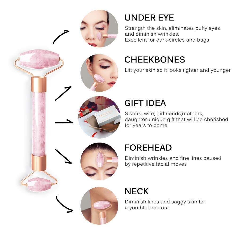 Rose Quartz Roller Slimming Face Massager Lifting Natural Jade Facial - VirtuousWares:Global