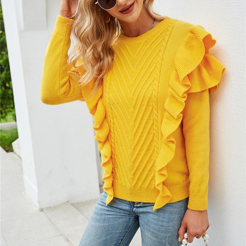 Ruffles Women Knitwear Solid Yellow Sweater - VirtuousWares:Global