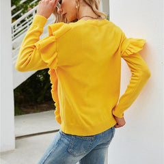 Ruffles Women Knitwear Solid Yellow Sweater - VirtuousWares:Global