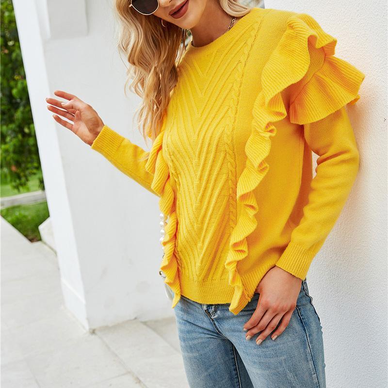 Ruffles Women Knitwear Solid Yellow Sweater - VirtuousWares:Global