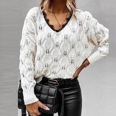 Sexy V Neck Lace Patchwork Knitted Sweater - VirtuousWares:Global