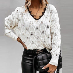 Sexy V Neck Lace Patchwork Knitted Sweater - VirtuousWares:Global