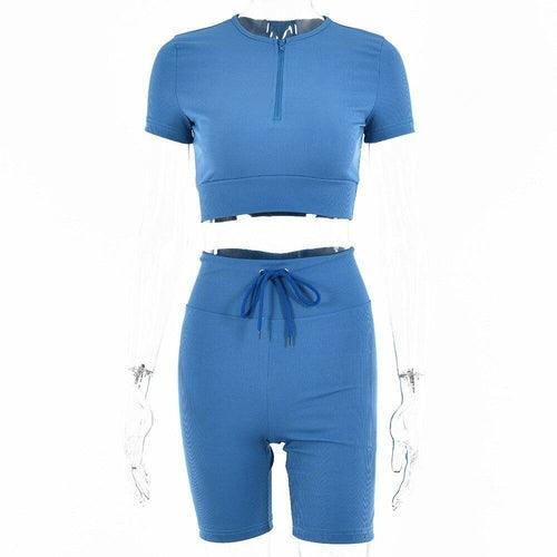 Short Sleeve Gym Crop Top Zipper Biker Shorts Sporty Casual Summer - VirtuousWares:Global