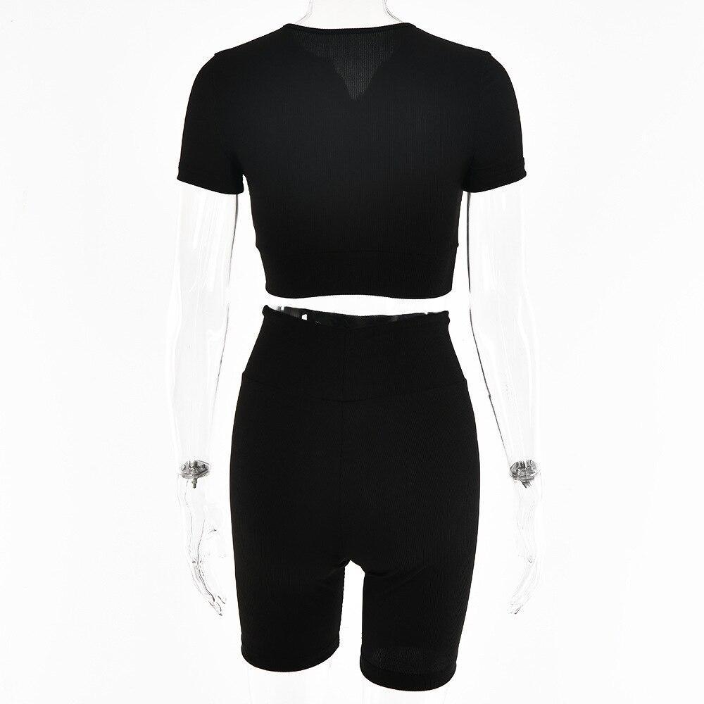 Short Sleeve Gym Crop Top Zipper Biker Shorts Sporty Casual Summer - VirtuousWares:Global