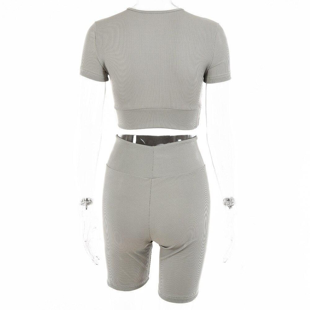 Short Sleeve Gym Crop Top Zipper Biker Shorts Sporty Casual Summer - VirtuousWares:Global